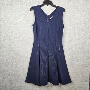 Halogen Sleeveless Navy Blue Fit & Flare Dress With V-Neck Zipper Size M NEW